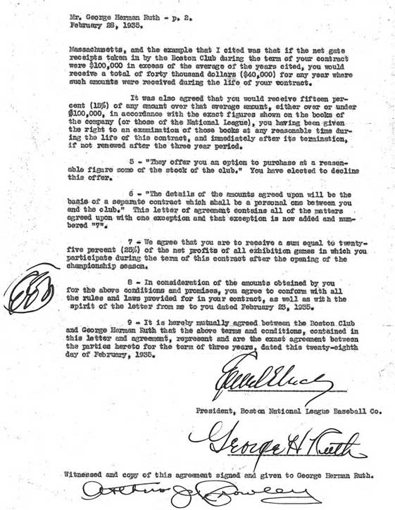 Babe Ruth Boston Braves Contract