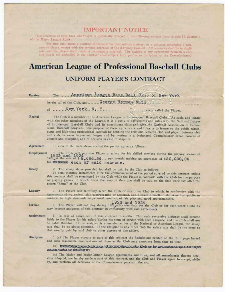 Ruth S First And Last Yankees Contracts Up For Sale Babe Ruth Central